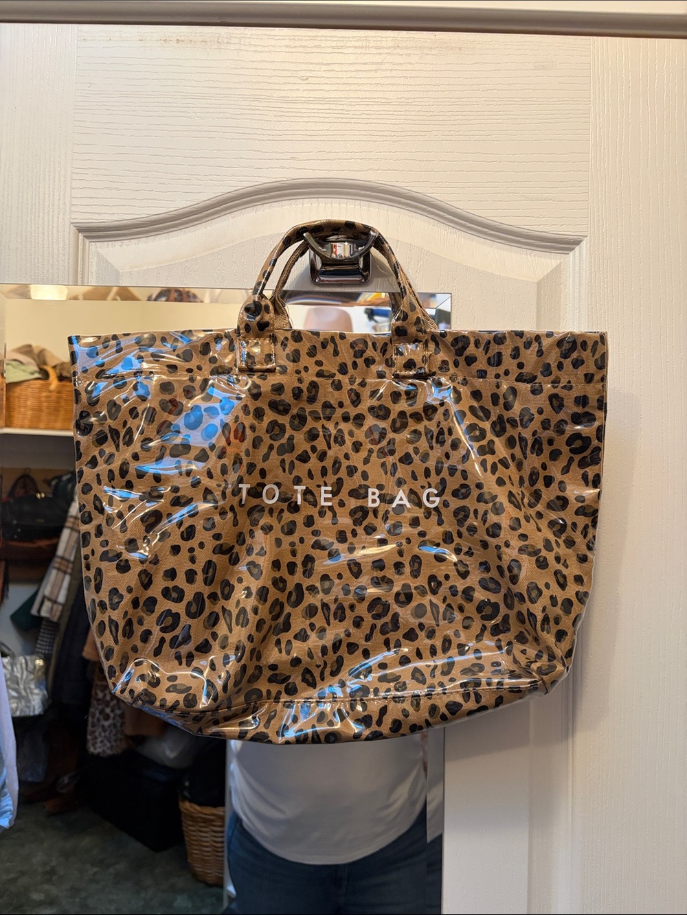 Leopard Print Vinyl Tote Bag - Brown